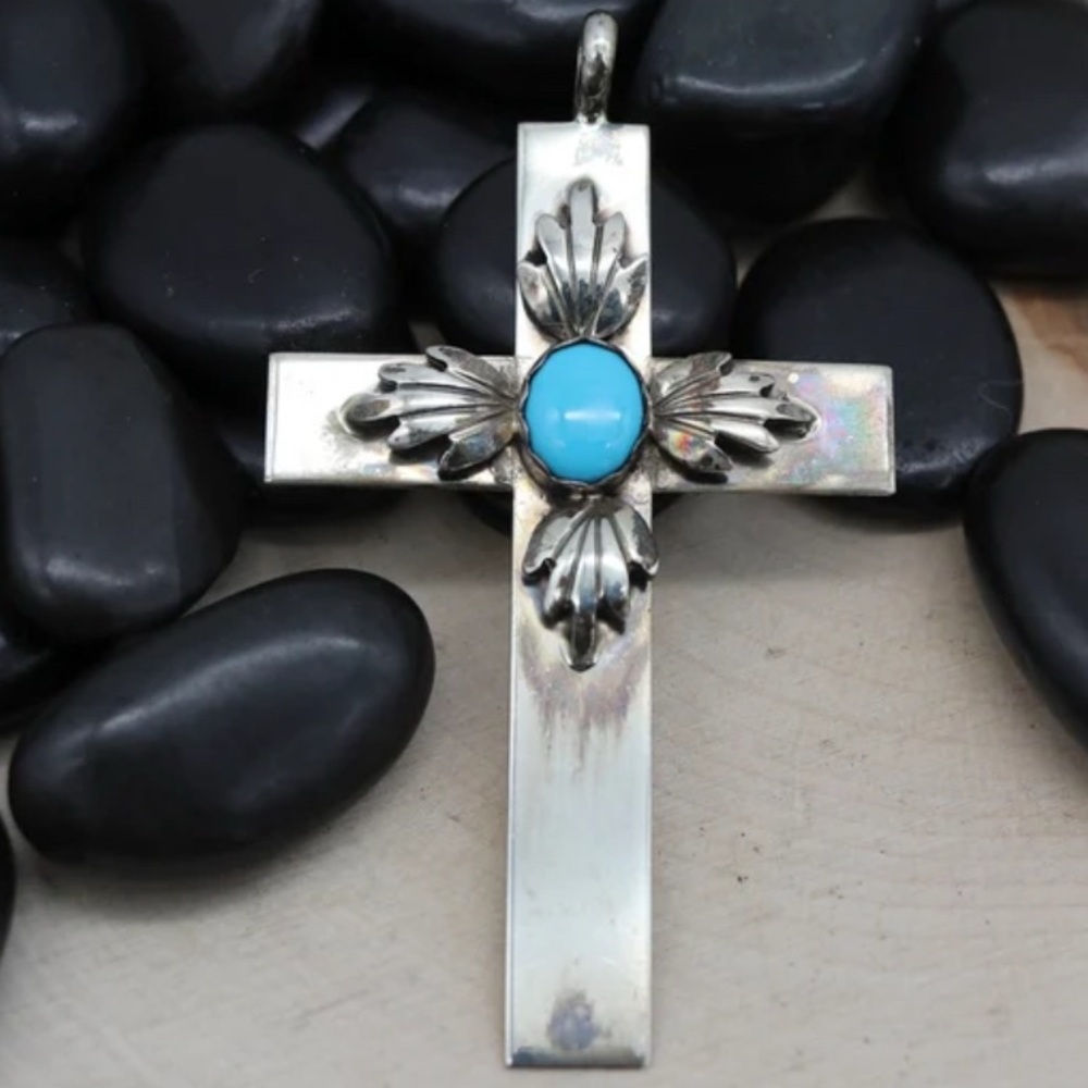 Vintage Southwestern K.Y. Sterling Silver & Turquoise Figural Cross Pendant
